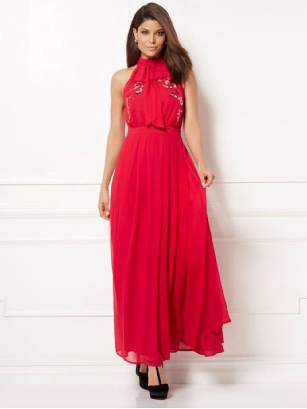 Eva Mendes Red Halter Maxi Dress with Embellished Floral Bodice